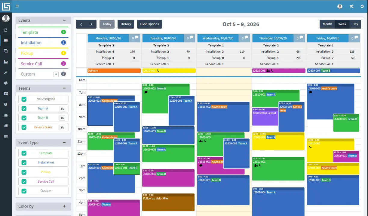 Lapisoft field calendar: templates, installations, pickups and service calls by team for one week