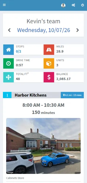 Lapisoft on a phone: an installer’s day with stops, miles, drive time, units, area, balance and the first installation